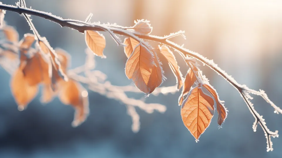 Delicate Frosted Leaves on a Winter Tree in Soft Light