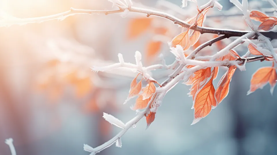Tree leaves on a winter day, covered with frost and ice