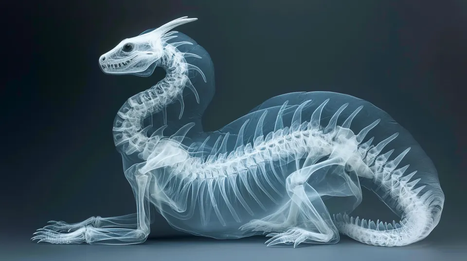 Imagen de la radiografía de un dragón con estructura ósea visible
