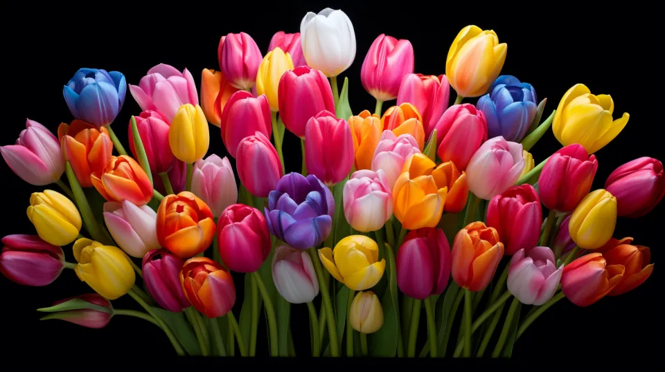 Colorful Tulips in a Beautiful Bouquet on a Dark Background