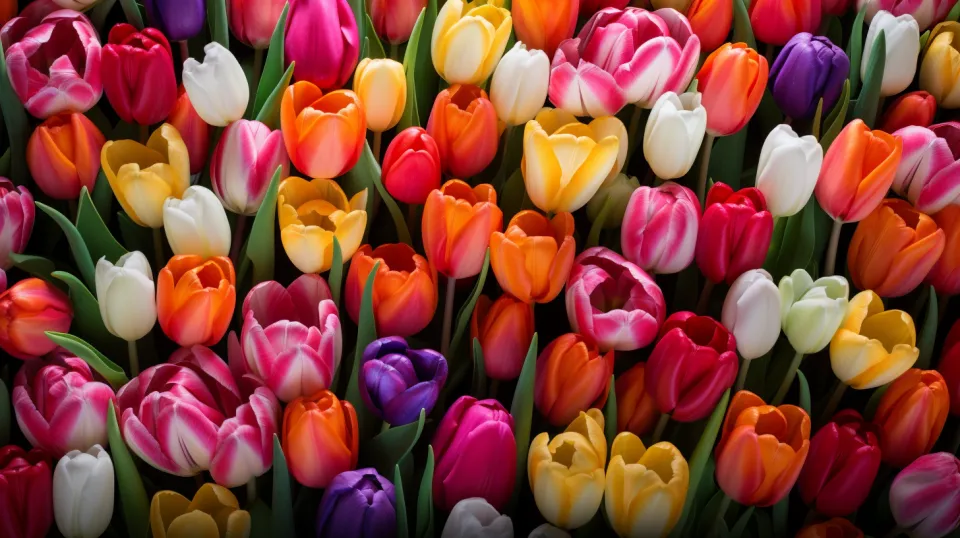 A variety of tulips in different colors against a green background