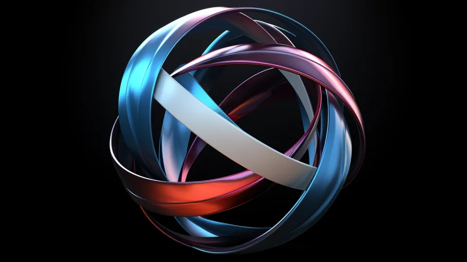 Abstract three-dimensional shape composed of colorful curved ribbons