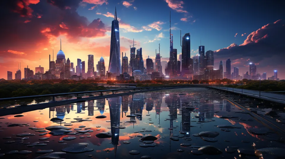 Paisaje urbano con rascacielos y reflejo en el agua
