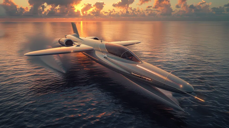 Hypersonic aircraft flying over a calm ocean at sunset