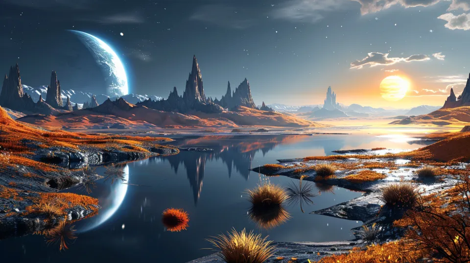 Fantástico paisaje espacial con un planeta, montañas y un lago al atardecer