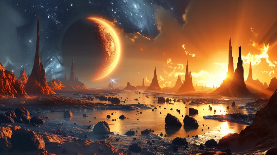 Impresionante paisaje espacial con brillantes planetas y formas inusuales