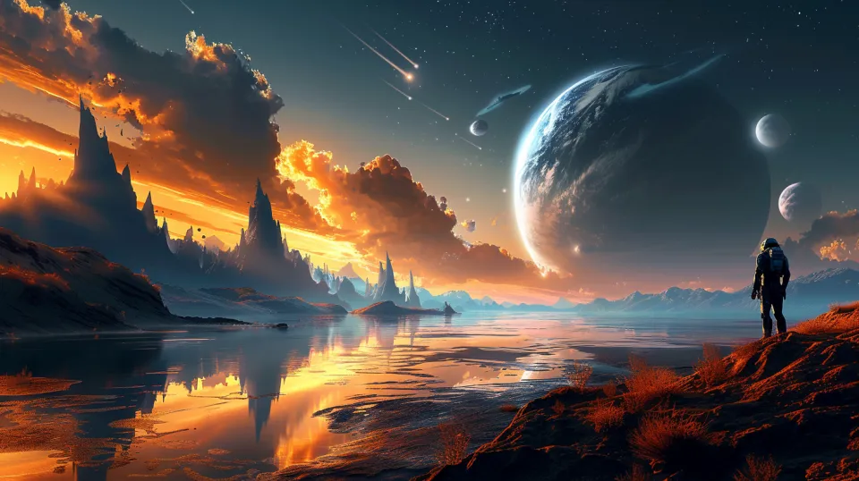 Epic cosmic landscape with planets, clouds, and reflections on water