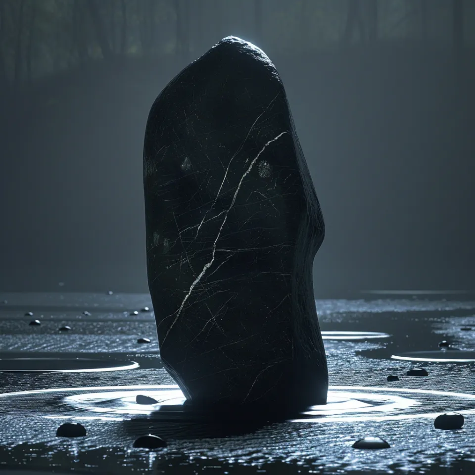 Piedra oscura, de pie sobre la superficie de un lago inundado en la niebla