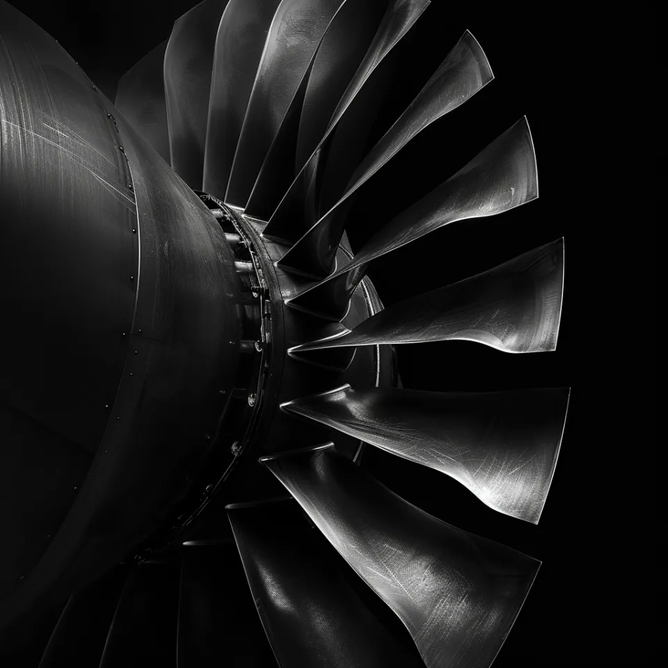 Vista de las palas del turboventilador con un fondo negro
