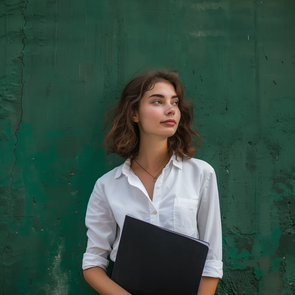 Beautiful young woman with documents on a green background