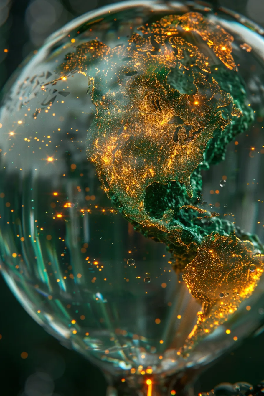 Image of a globe with glowing continents and waters