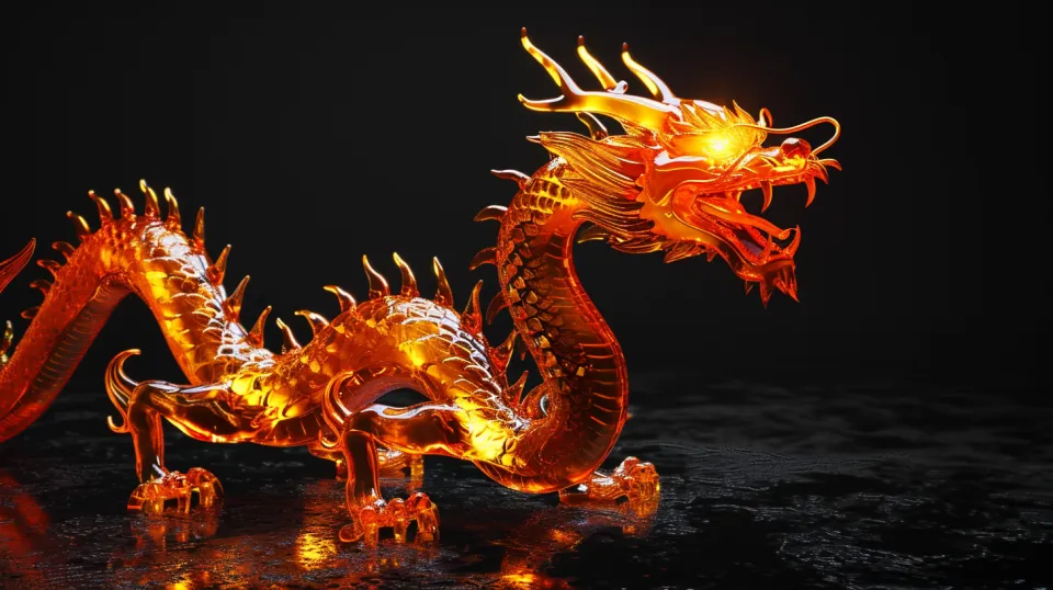 Image of a bright dragon made of transparent amber