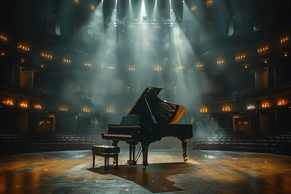 A ceremonial concert with a grand piano in an empty theatre illuminated by beams of light