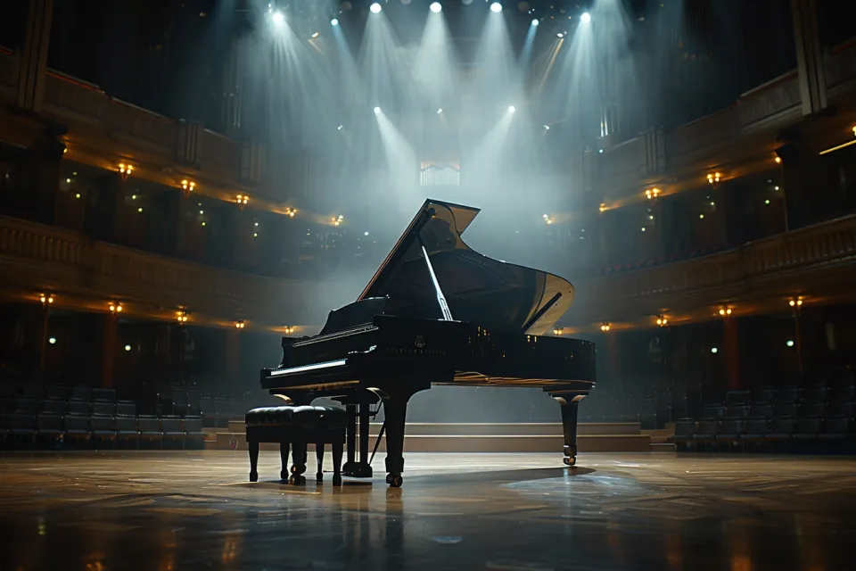 Image of a concert grand piano in a theater, illuminated by bright spotlights