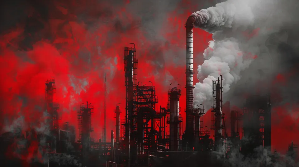 Área de fábrica con chimeneas y cielo rojo