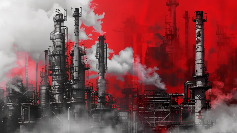 Photograph of an industrial landscape with smoke against a red sky