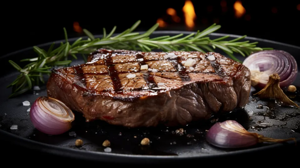 Steak on a black plate with onions and rosemary