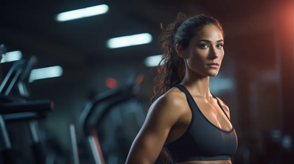 Mujer con cabello largo en ropa deportiva en un gimnasio