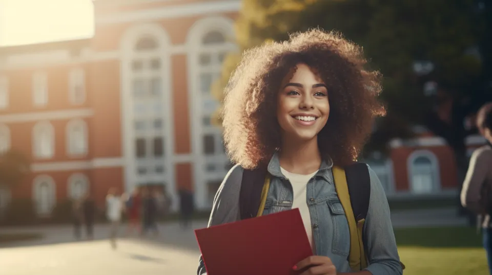 Chica con cabello rizado en el campus universitario sosteniendo una carpeta