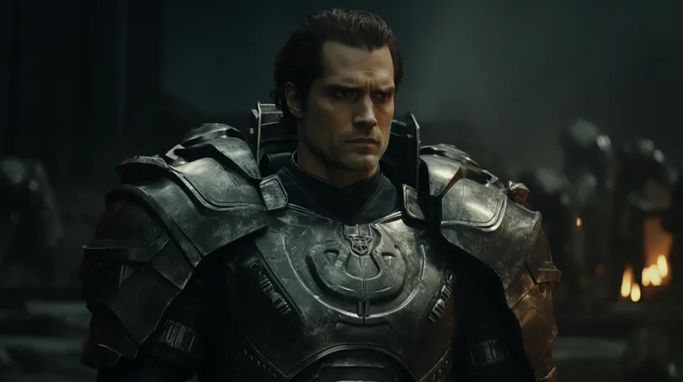 Man in Heavy Metal Armor Against a Dark Background