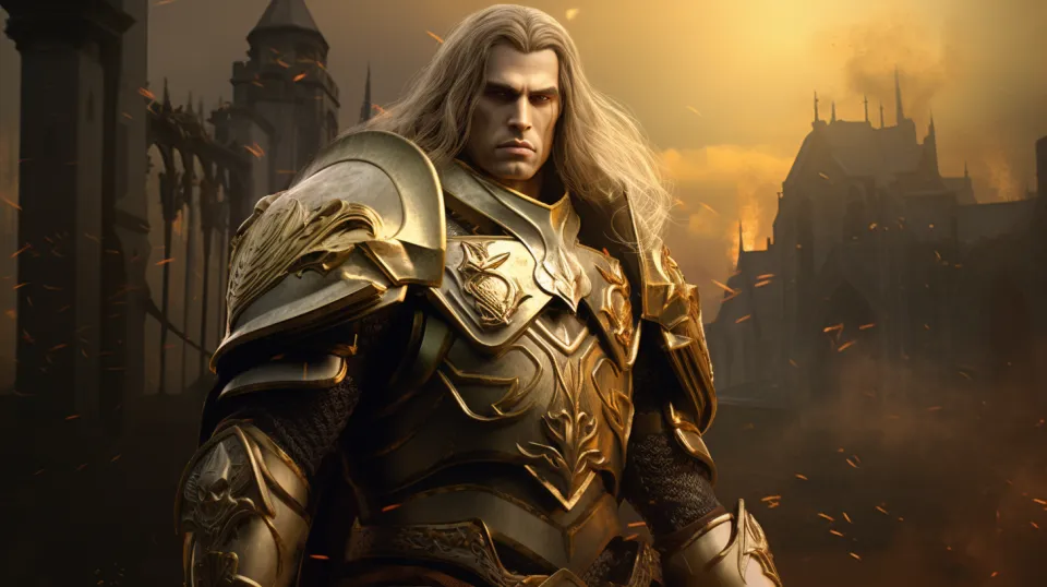 Mighty warrior in golden armor with long hair against the sunset
