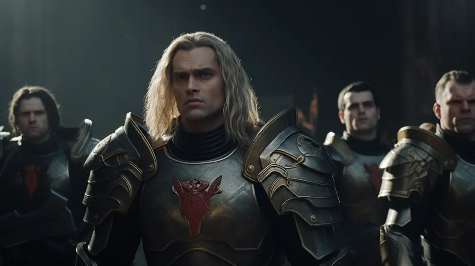 A group of knights in shining armor against a dark backdrop