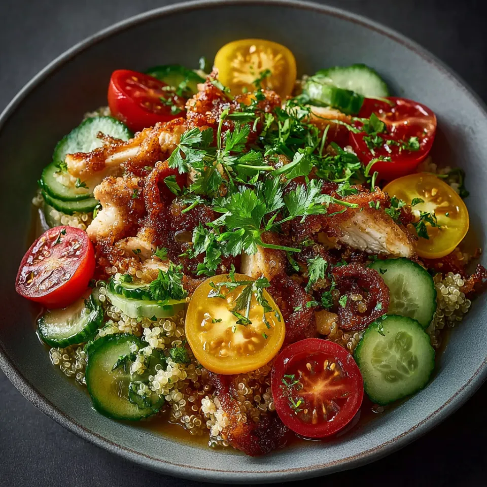 Healthy salad with grilled chicken, tomatoes, and cucumbers based on quinoa
