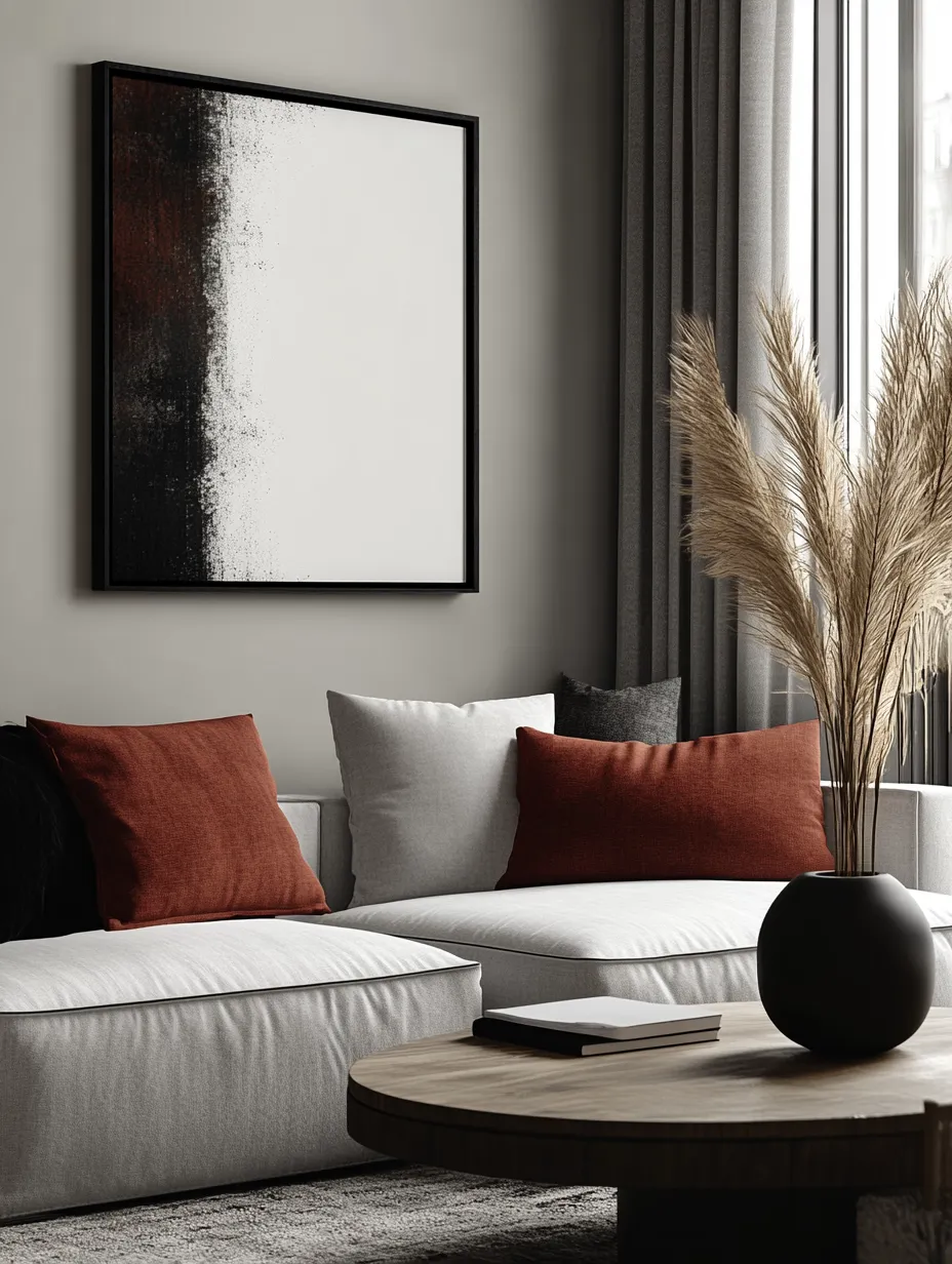 Elegant white sofa with pillows and an abstract painting on the wall