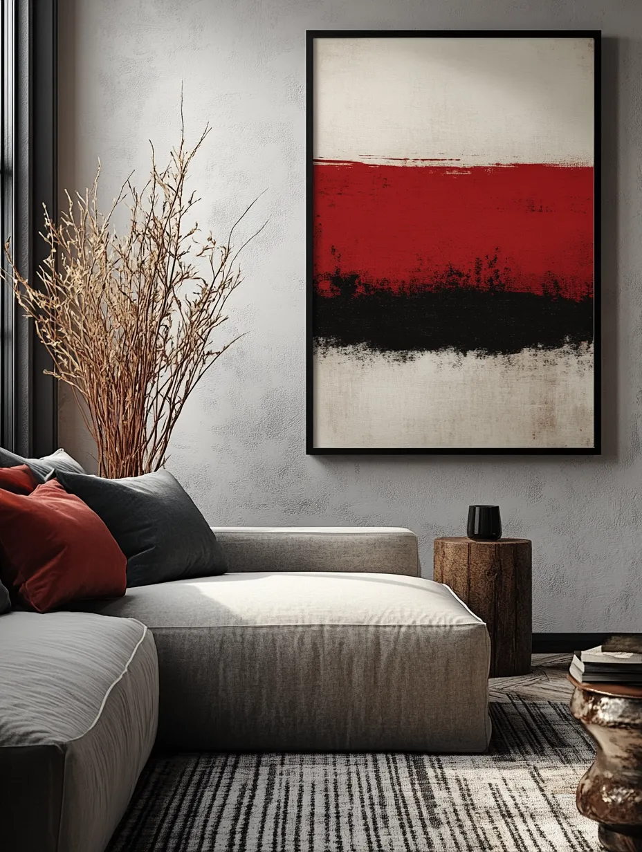 Cuadro abstracto en tonos rojos y negros en la pared de un interior moderno