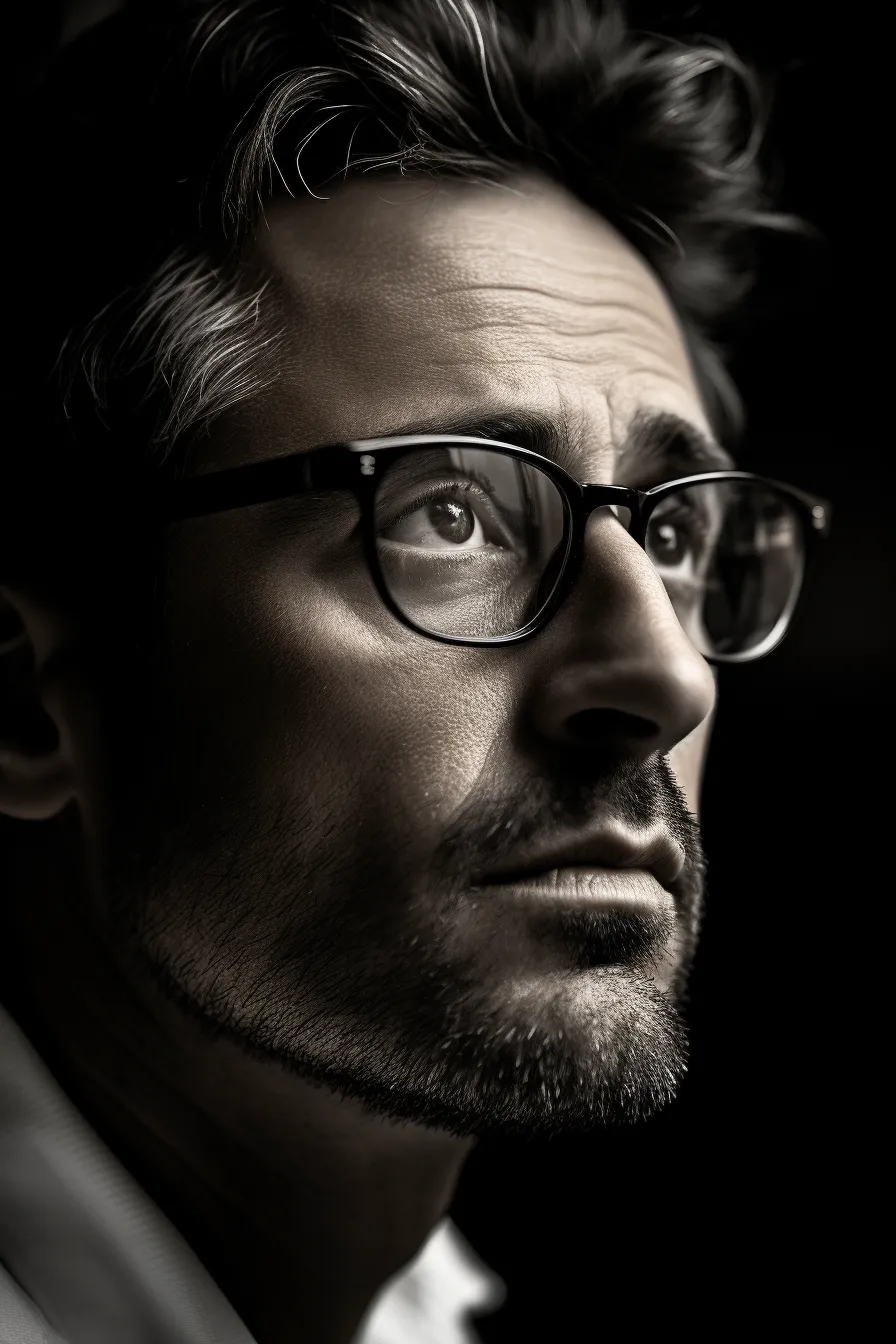 Fotografía de un hombre con gafas, que parece pensativo y concentrado en el fondo