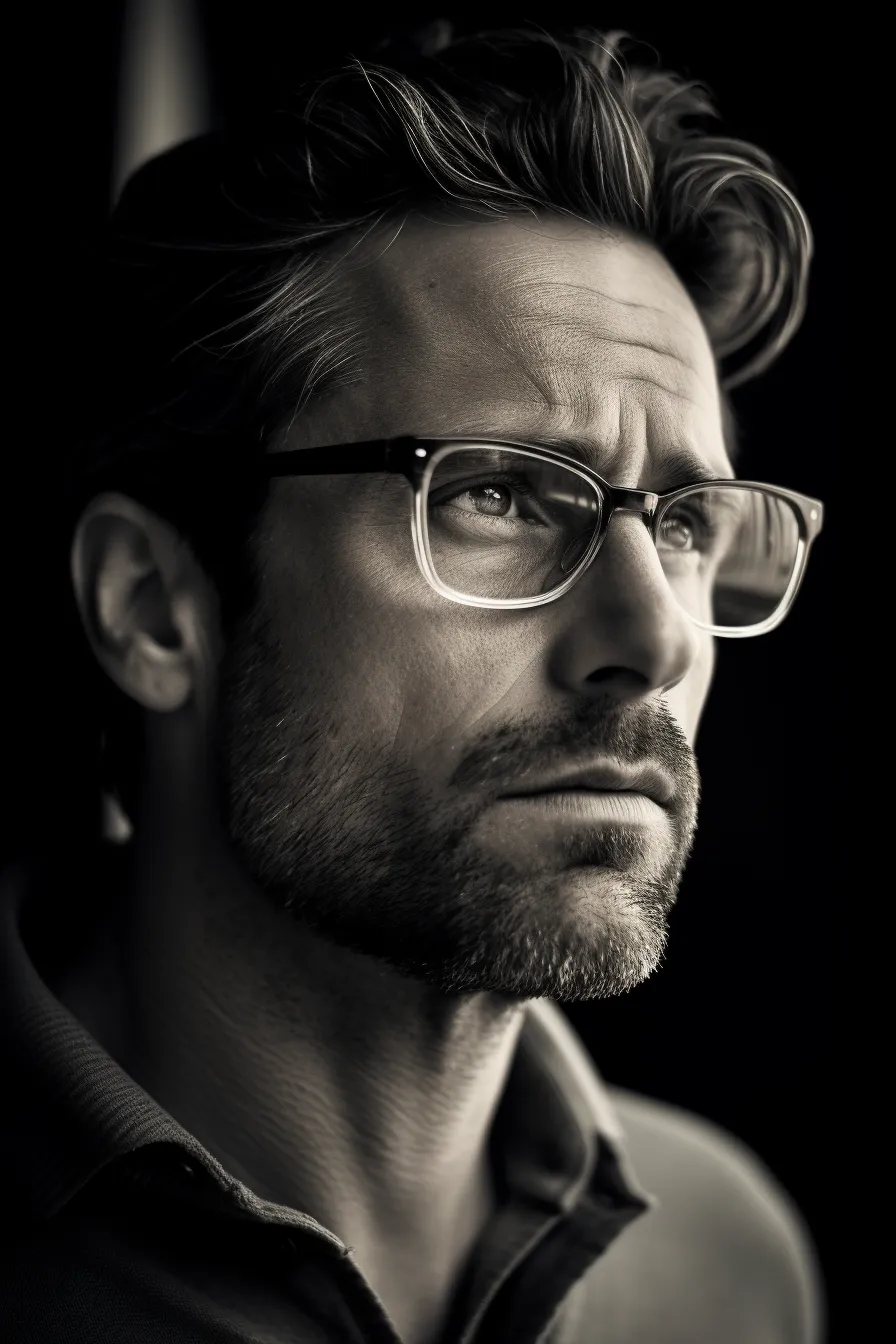 Black-and-white portrait of a man in glasses looking into the distance
