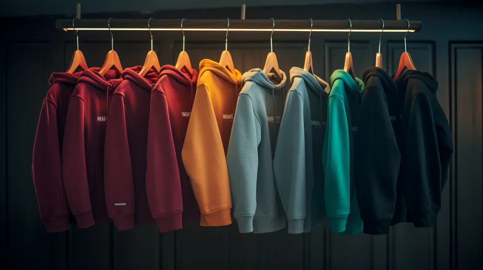Variedad de sudaderas de colores colgando en un perchero en la habitación