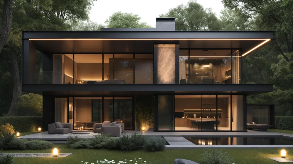 Elegant architecture of a modern house with large windows and lighting
