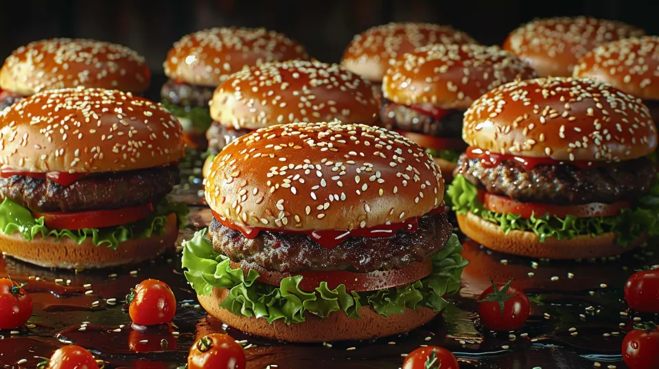 Conjunto de hamburguesas apetitosas con tomates y ketchup sobre la mesa
