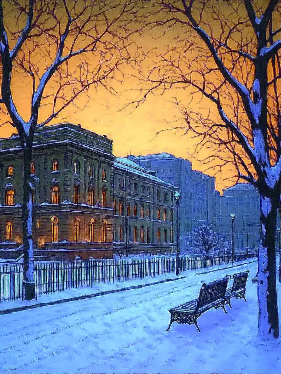 Calle nevada de la ciudad con ventanas iluminadas en los edificios al atardecer