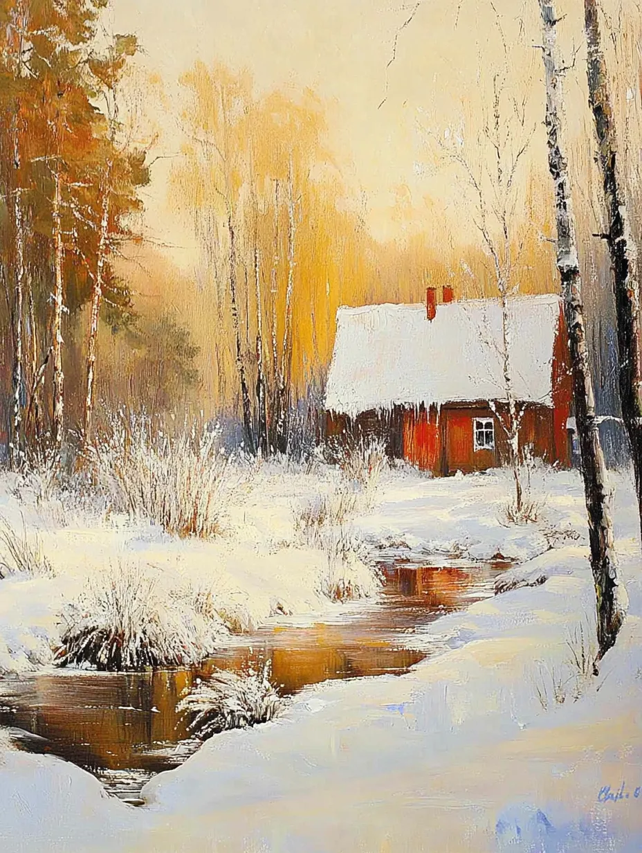 Paisaje invernal con una casa, un río y árboles nevados contra un fondo de campos cubiertos de nieve