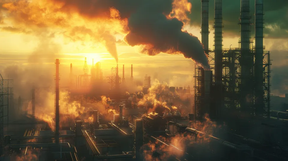 Sunset over an industrial area with pipes and smoke