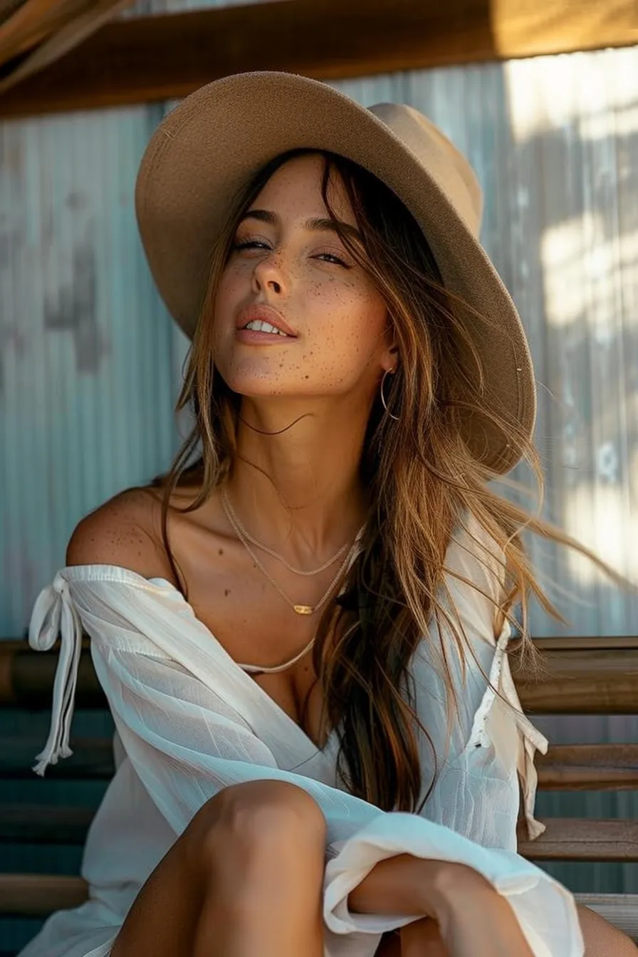 Beautiful portrait photo of a girl in a white shirt and hat