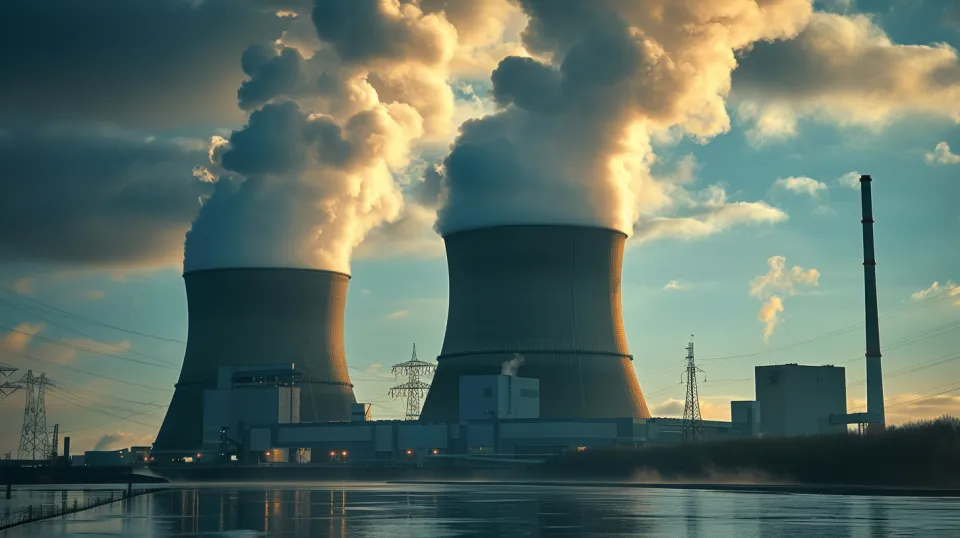 Planta nuclear con torres de enfriamiento humeantes contra el cielo