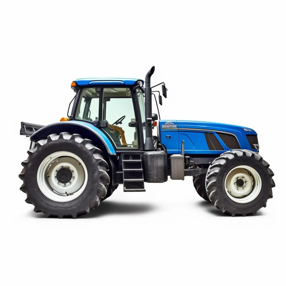Photo of a blue tractor with large tires from the side