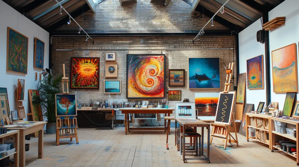 Interior of an art studio with a variety of paintings on the walls