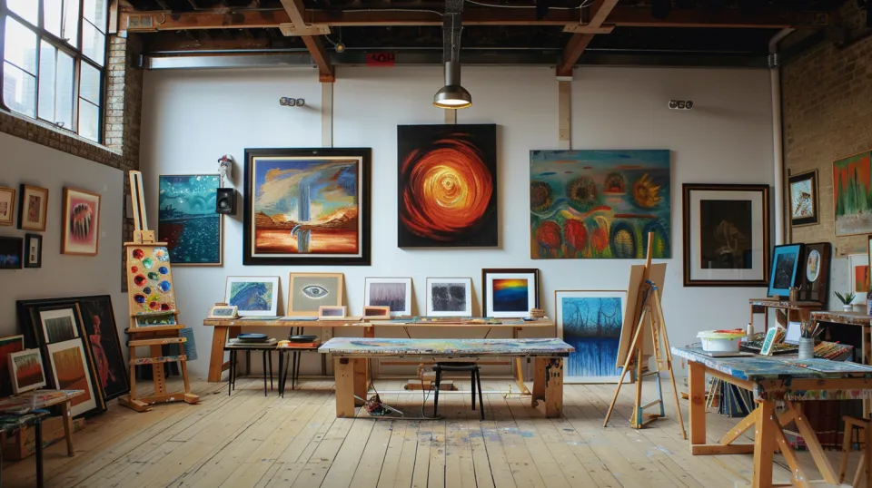 Interior of an art workshop with canvas paintings and work tables