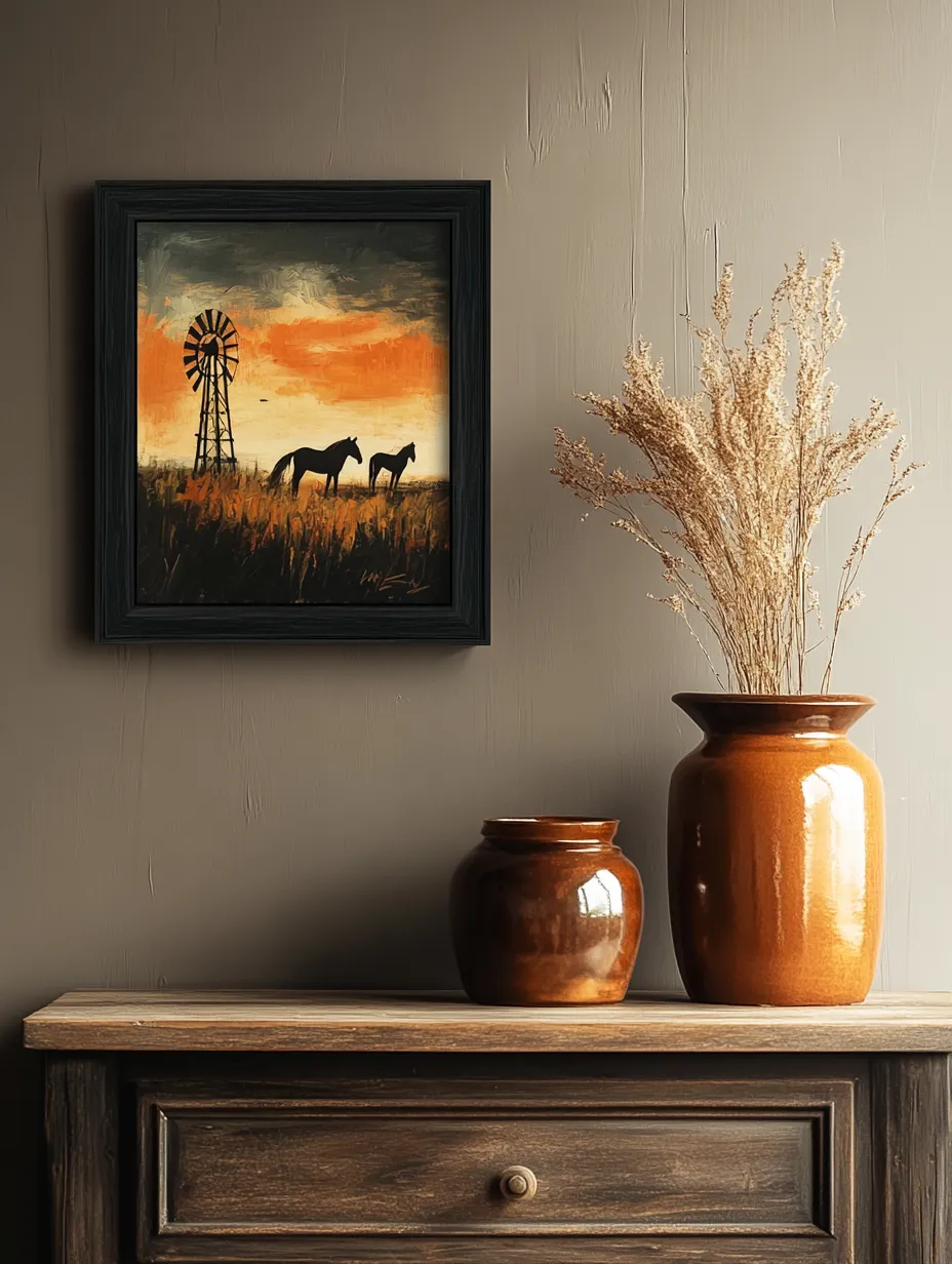 Painting featuring silhouettes of horses and a windmill against the backdrop of a sunset