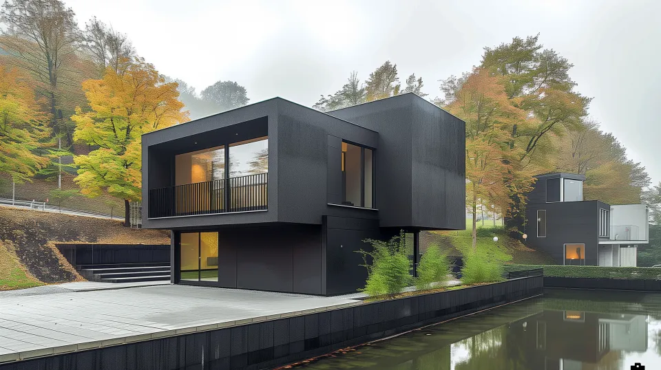 Black house with large windows against a backdrop of green and yellow trees