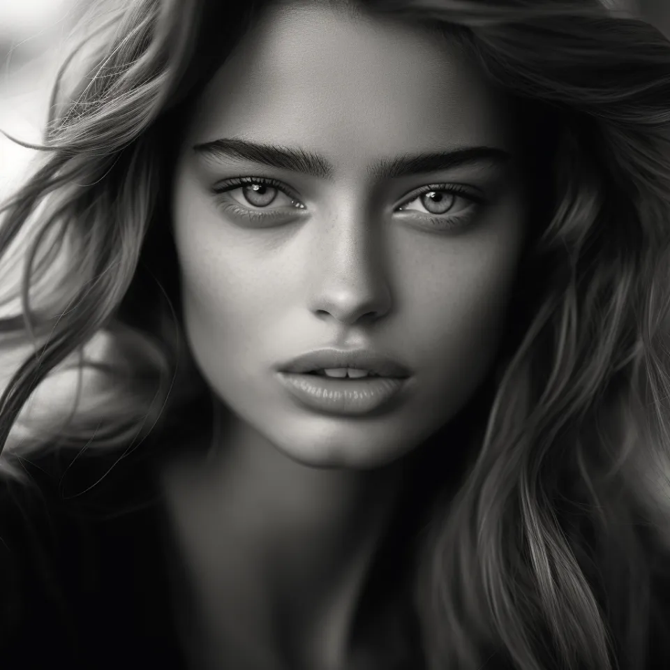 Black-and-white portrait of a woman with pink lips and long hair