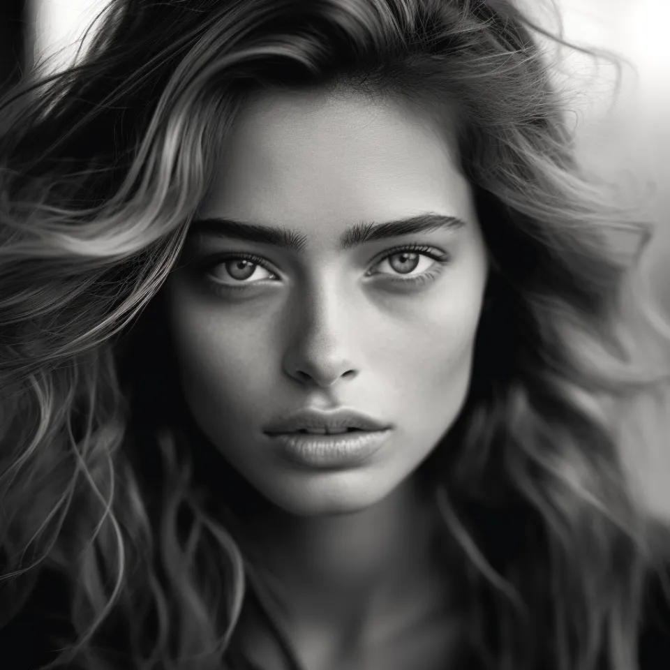 Retrato de una chica con cabello ondulado y ojos expresivos en un estilo en blanco y negro