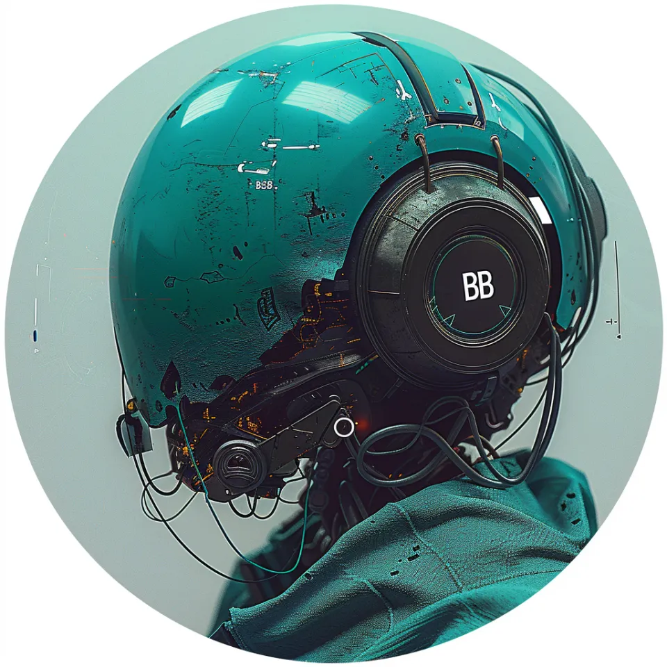 Image of a cybernetic head with a green helmet and wires