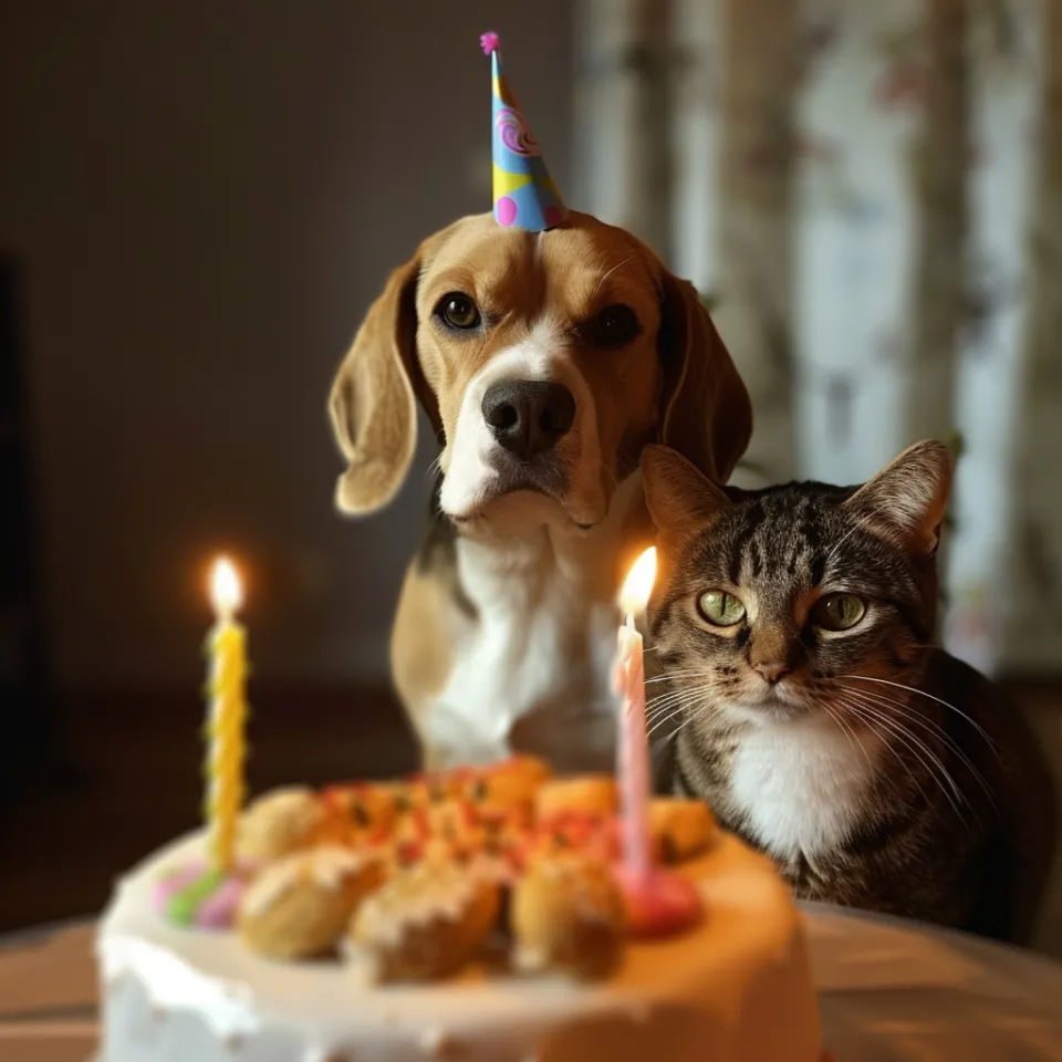 Un perro y un gato junto a una torta de cumpleaños y velas