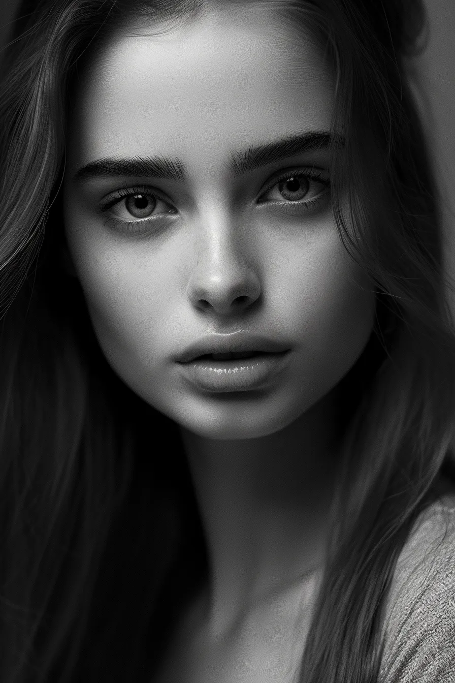 Retrato elegante de una chica que muestra la detallada textura de su rostro sin color