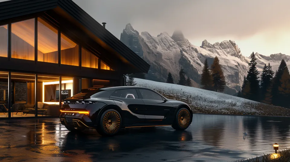 Black Electric Car Next to a Stylish Country House and Mountains